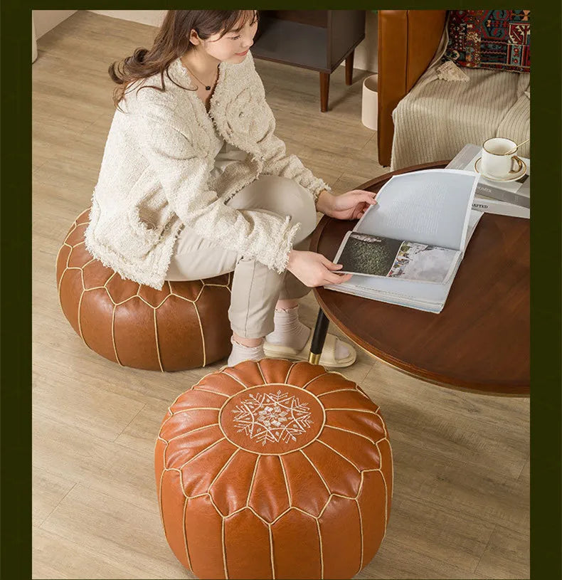 Decorative Moroccan PU Leather Pouf Soft Round Cushion Without Core Unstuffed Cushion Pillow Modern Home Decor