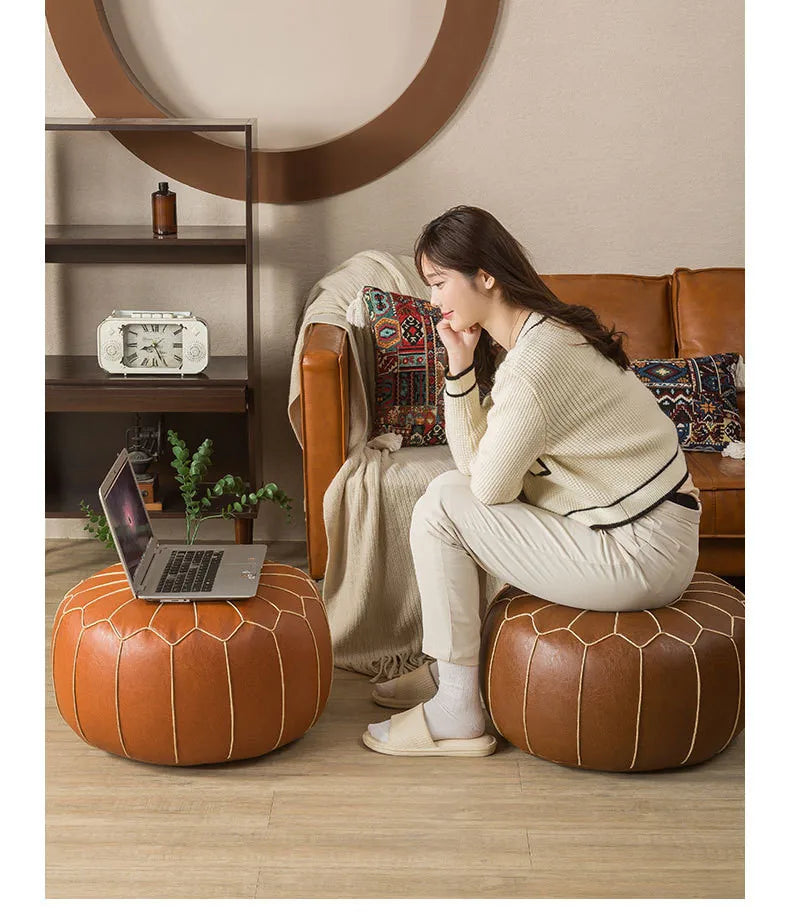 Decorative Moroccan PU Leather Pouf Soft Round Cushion Without Core Unstuffed Cushion Pillow Modern Home Decor