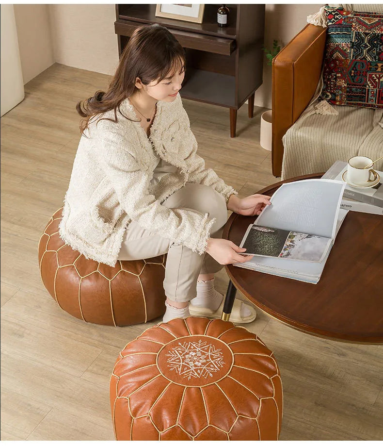 Decorative Moroccan PU Leather Pouf Soft Round Cushion Without Core Unstuffed Cushion Pillow Modern Home Decor