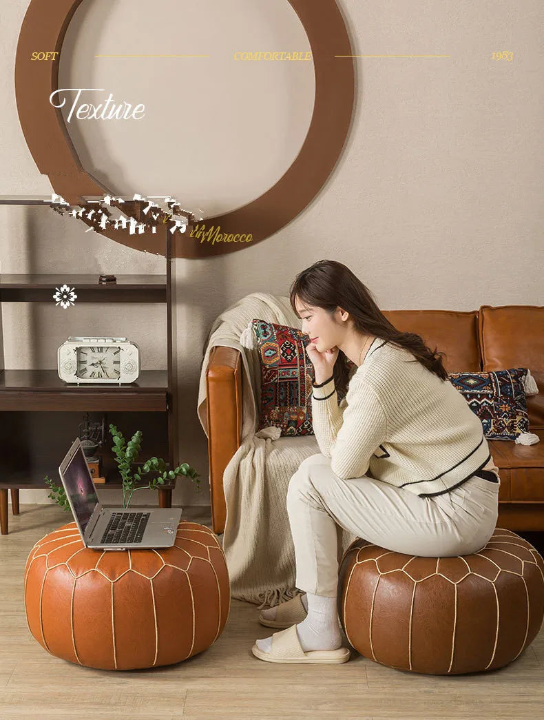 Decorative Moroccan PU Leather Pouf Soft Round Cushion Without Core Unstuffed Cushion Pillow Modern Home Decor